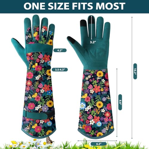 Gardening Gloves for Women, Long Garden Gloves with Grip, Thorn-Proof, Gift - color: Dark Green - Flower