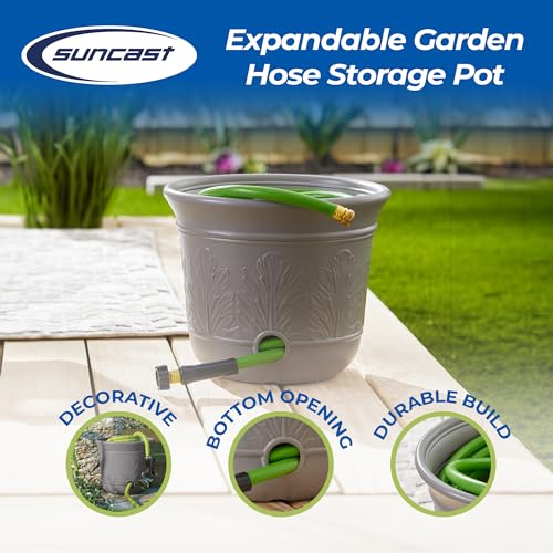 Suncast 300 Foot Heavy Duty 5 Gallon Decorative Plastic Hose Pot for Expandable and Lightweight Hoses, Ideal for Garden, Patio and Backyard Use