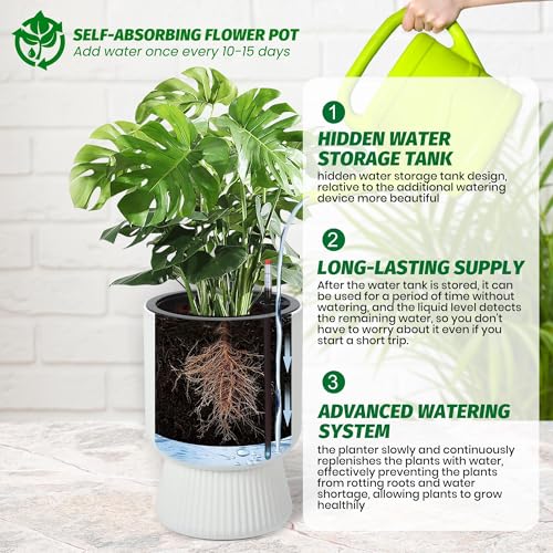 Garvee Self-Watering Planters, Set of 2, 14.2 Inch Tall Plant Pots - color: White