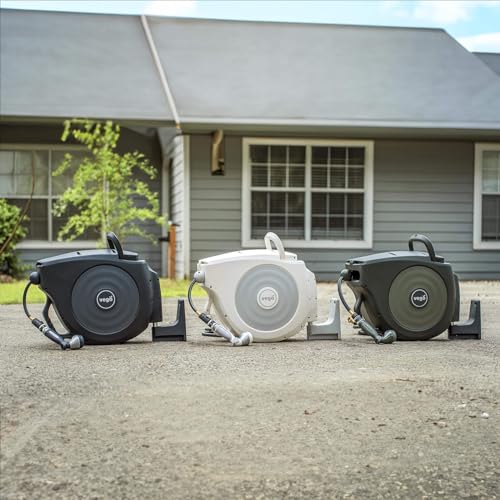 Garden Hose Reel Retractable 1/2" x 130ft Wall Mounted Hose Reel Automatic Rewind, Any Length Lock with 9 Patterns Sprayer Nozzle, Quick Connector and Adjustable shot Nozzle- Cloud White - color: Cloud White, size: 130ft