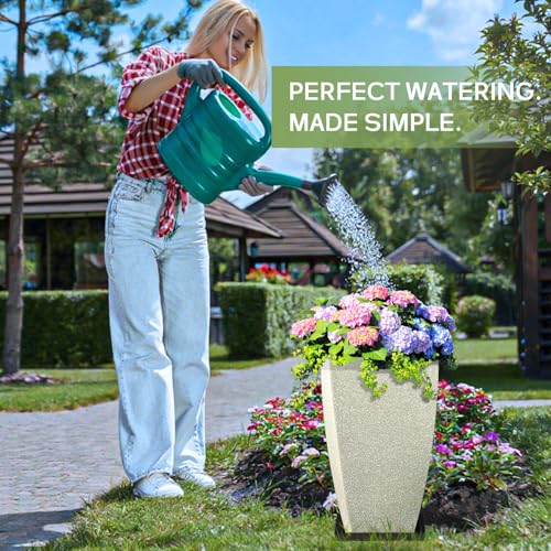 Set of 2 Large Tall 21 Inch Planter Pots Indoor/Outdoor-Matte Grey Square Flower Planters with Tray for Patio, Front Door, Deck | Weather-Resistant & Lightweight Plastic (Grey) - color: Matte Grey