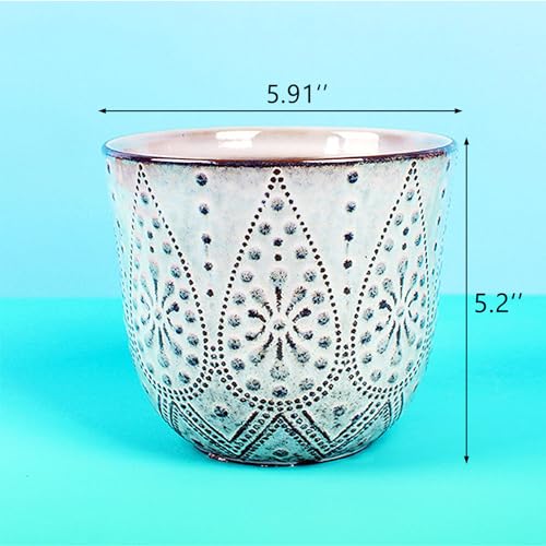 VanEnjoy 5.9 inch Round Bohemian Style Ceramic Planter, Geometry Engrave Off White Brown Succulent Planter Flower Pot, Indoor Outdoor Decorative Planter - color: Ym, size: 5.9"