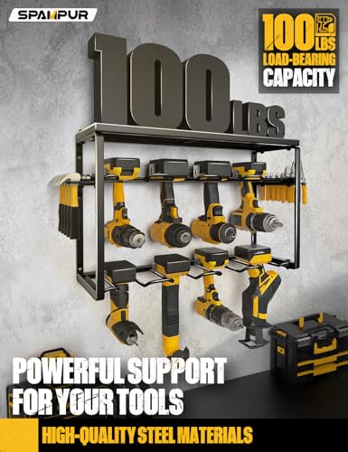 Spampur Power Tool Organizer, 8 Drill Holders Wall Mount, 3 Layer Heavy Duty Metal Storage for Garage Organization, Tools Storage with Hooks, Screwdriver Hammer Holder, Father's Day Mens Birthday Gift - size: 8 Drill Slots