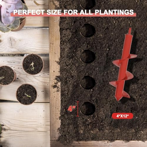 Auger Drill Bit for Planting - 4" X 12" Heavy-Duty Garden Auger Spiral Drill Bit - Bulb Planter Tool & Auger Post Hole Digger - 3/8" Hex Drive Drill - size: 4"x12"-Red