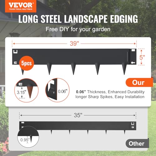 VEVOR Steel Landscape Edging, 5-Pack Steel Garden Edging Borders, 39" L x 5" H Strips, Hammer-in Edging Border, Bendable Metal Landscape Edging for Yard, Garden, Lawn, 3.15" Spike Height, Black - size: 39" L x 5" H, style: 5 x 39 Inch