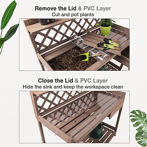 Potting Bench Potting Table Potting Benches for Outside 44 Inch Fir Wood Garden Potting Station Garden Table PVC Layer Storage Shelf Sink Drawer Hooks