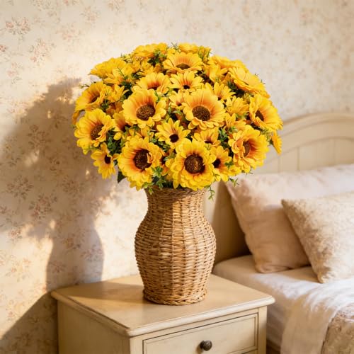 Artificial Sunflowers for Outdoors, 10 Bundles Fake Silk Sunflowers with Eucalyptus Leaves UV Resistant for Home Outside Front Door Porch Planters Garden Balcony Yard Patio Wedding Party Decor