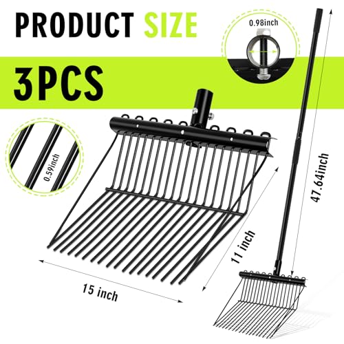 Lasnten 3 Sets Manure Fork with Long Handle, All Metal Head & Handle, 20 Fine Tines Pitch Fork Manure Rake Heavy Duty Dustproof Muck Rake for Gardening Horse Stable Grass Hay Cleaning Farm Work(Black) - color: Black