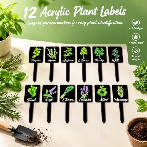 12Pcs Waterproof Acrylic Plant Labels with Stakes for Garden Herb Signs