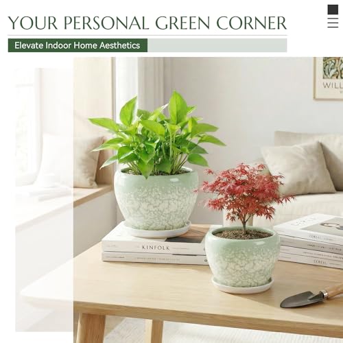 8.3 Inch Ceramic Planter with Saucer Leak-Proof Mesh &Drainage, Round Plant Pot with Gardening Gloves for Indoor Outdoor Plants (Jade Green) - color: Jade Green, size: 8.3 Inch