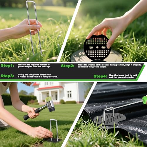 6 Inch Landscape Staples Set, 11 Gauge Galvanized U-Shaped Garden Stakes (50 Pack) with 50 Gaskets, Hook Tool & Rubber Mallet for Weed Fabric & Landscaping - size: 50pcs