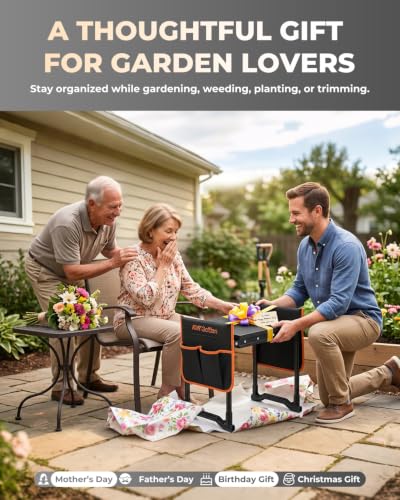 KVR Garden Kneeler and Seat with 2 Tool Pouches, Heavy Duty Foldable Gardening Stool, Portable Bench with Thick EVA Foam for Knee Support, Gifts for Seniors, Black/Orange