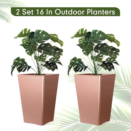 Briwooody Set of 2 15.75 Inch Large Taper Planters Outdoor Indoor Tall Resin Flower Pots with Drainage Holes Modern for Front Door Patio Backyard Plants (Gold Pink) - color: Gold Pink