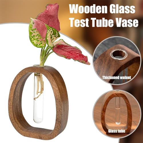 Acacia Small Wood Vase, Glass Tube Plant Propagation Station, MCM Decor - size: Large Single Tube