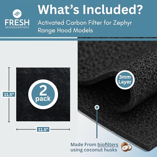 Fresh Headquarters Activated Charcoal Filter For Range Hood - Premium Carbon Filter 11.5" x 11.5" Range Hood Filters Replacement for Zephyr Models - For Odor & Grease Control - 2-pack