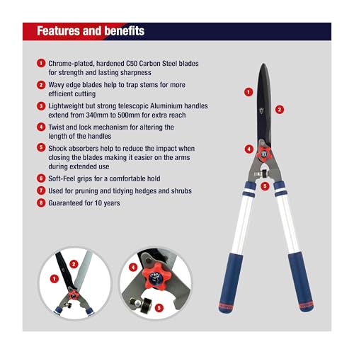 Spear & Jackson Razorsharp Telescopic Hedge Shears, Adjustable Length, Carbon Steel Blades, Ergonomic Handles for Comfortable Pruning - style: Telescopic Hedge Shears