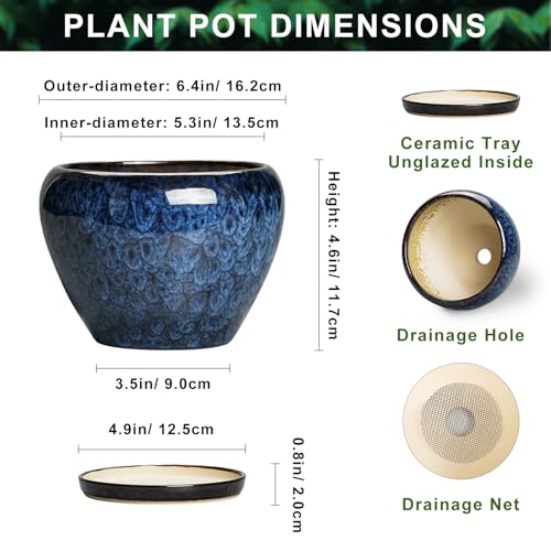 6 Inch Plant Pot - Ceramic Pots for Plants with Drainage Hole and Saucer, Round Succulent Planter Indoor Outdoor, Modern Flower Pot for Snake Plants, Home Decor, Gifts for Plant Lover, Blue - color: Blue, size: 6 Inch
