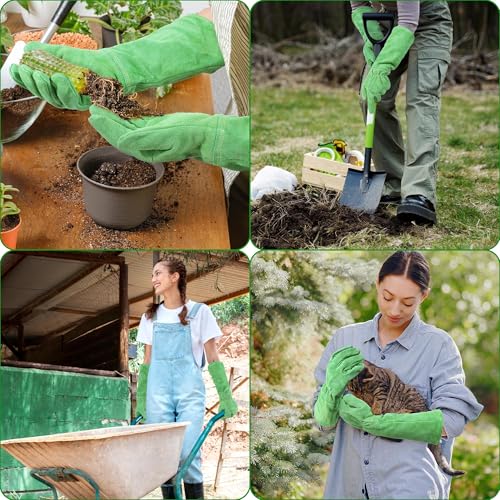 HANDLANDY Leather Gardening Gloves, Thorn Proof Long Gauntlet Heavy Duty Garden Gloves, Elbow Length Rose Pruning Weeding Yard Glove (Large, Green) - color: Green, size: Large (Pack of 1)