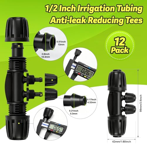 12 Pcs 1/2 Inch To 1/4 Inch Irrigation Tubing Fittings, 1/2"(1/2" ID x 0.65" OD) To 1/4" Drip Barbed Tee Adapter 16mm Anti-Drop Locked Nut T Reducer To 1/4" Distribution Line Connector - size: 1/2" To 1/4" Tee-4Way