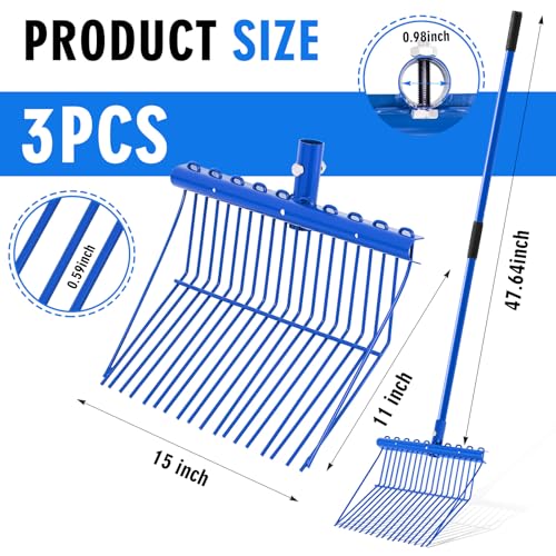 Lasnten 3 Sets Manure Fork with Long Handle, All Metal Head & Handle, 20 Fine Tines Pitch Fork Manure Rake Heavy Duty Dustproof Muck Rake for Gardening Horse Stable Grass Hay Cleaning Farm Work(Blue) - color: Blue