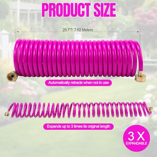 Therwen 25 ft Recoil Garden Hose, Self-coiling Lightweight Water Hose with 3/4'' Brass Connector and 8-pattern Spray Nozzle, Kink-free Spiral Hoses for Rv, Boat, Balcony and Car Washing - color: Rose Red, size: 25 ft, style: 8 Pattern