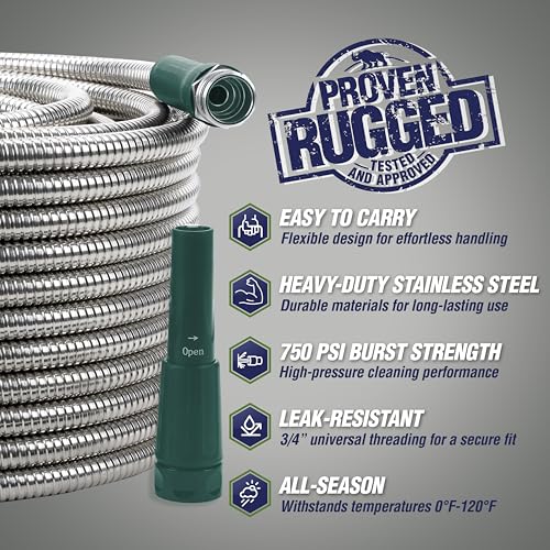 RUGGED RHINO Metal Garden Hose with Spray Nozzle, 304 Stainless Steel, 750 PSI Burst Strength, Heavy Duty Flexible Water Hose, Kink Resistant, Leakproof for Yard, Lawn and Outdoor Use, Green 25FT - color: Hunter Green/Silver, size: 25 Feet