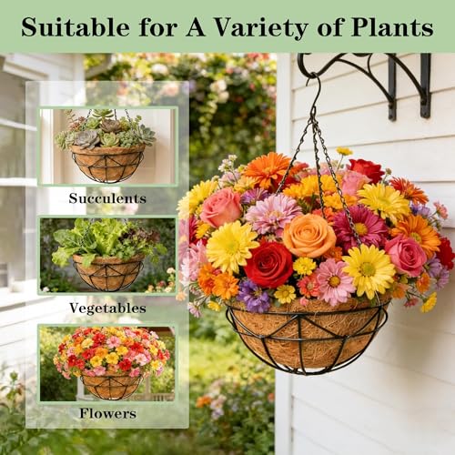 4 Pack 14 Inch Black Metal Hanging Planter Baskets with Coco Coir Liner Sturdy Hanging Flower Basket for Outdoor Indoor Garden Porch Patio Balcony Decor (Geometric) - style: Geometry
