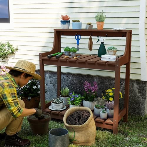 Domi 3-Tier Potting Benches for Outside, HDPE Outdoor Potting Table, Brown - color: Brown