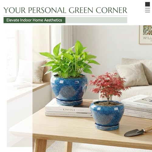 8.3 Inch Ceramic Planter with Saucer Leak-Proof Mesh &Drainage, Round Plant Pot with Gardening Gloves for Indoor Outdoor Plants (Sapphire Blue Glaze) - color: Sapphire Blue Glaze, size: 8.3 Inch