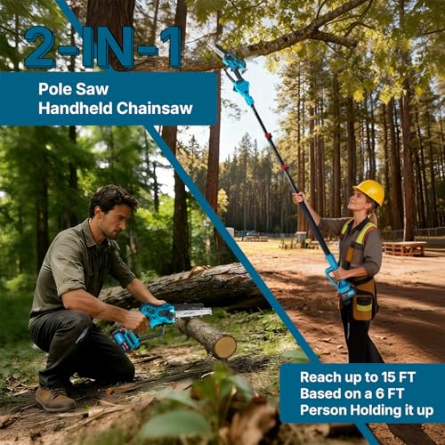 Electric Pole Saw for Tree Trimming, 2-in-1 Cordless 8 Inch Chainsaw with Extension Pole, 2 x 4.0Ah Battery Powered Tree Limb Cutter for Pruning, Tree Cutter High Reach Pole Saws for Branch Cutting - color: Blue
