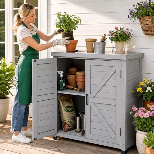 Outdoor Storage Cabinet with Metal Tabletop, Cedar Wood Garden Workstation - color: Gray, size: 31x17x36