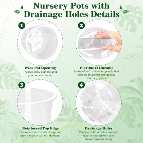 OUPSAUI 20 Pack 5 Inch Clear Nursery Pots for Plants, Clear Plastic Plant Pots with Drainage Holes, Flexible Nursery Pots Variety Pack, Seedling Planter Seed Starter Pots (5 Inch) - size: 5 INCH