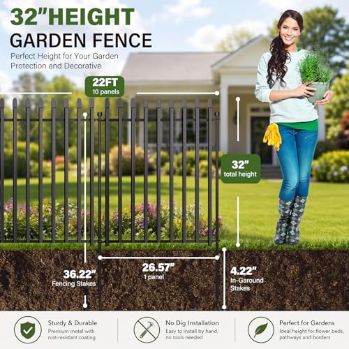 No Dig Decorative Garden Fence, 32in(H)×22ft(L), 10 Panels - size: 32 in(H) X 22 ft(L)