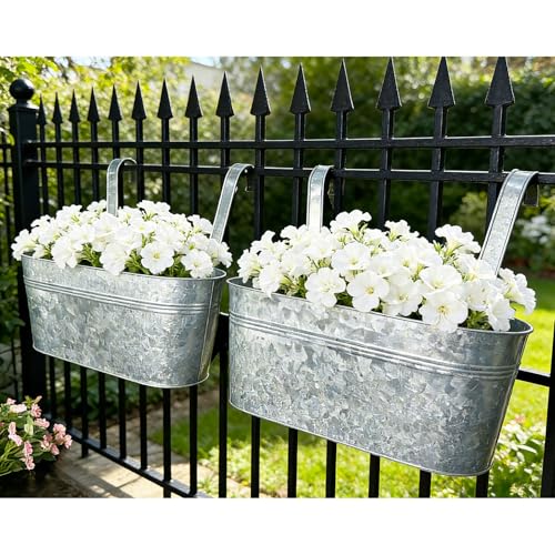 2 Pack 17" Galvanized Hanging Railing Planters with Hooks and Drainage - size: 17 Inch