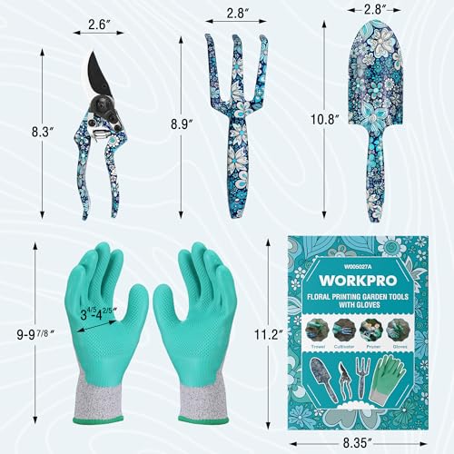 WORKPRO 4PCS Aluminum Garden Tool Set, Heavy Duty - style: Blue flower