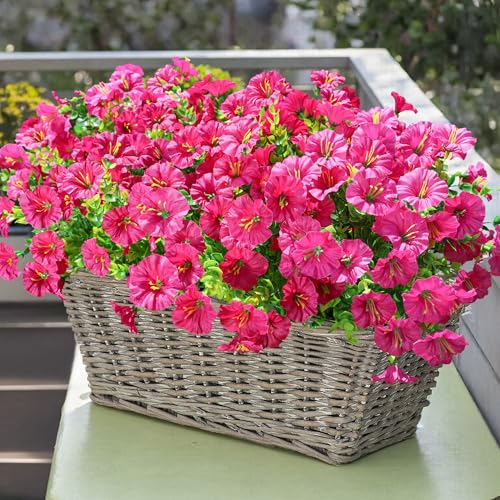 Artificial Flowers Fake Plants for Outdoors fall Decoration, 12 Bundles Silk Morning Glory with Eucalyptus Realistic UV Resistant Fuchsia Faux Flowers for Outside Planter Yard Patio Garden Home Indoor - color: Fuchsia