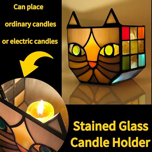 Unique Stained Glass Gray Cat Planter, Plant Pots Indoor,Indoor Flower Pots with Drainage,Window Sill Cat Decoration Gift,4.6x5.15x3IN - color: Grey-white