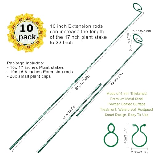 10 Pack Height Adjustable Plant Support Stakes (17" or 32" Inches), Metal Plant Stakes for Indoor Outdoor Plants, Tall Plant Stick Support Ring Cages for Garden Flower Amaryllis Orchid Gladiolus - size: 32 or 17 Inch-10 Pack