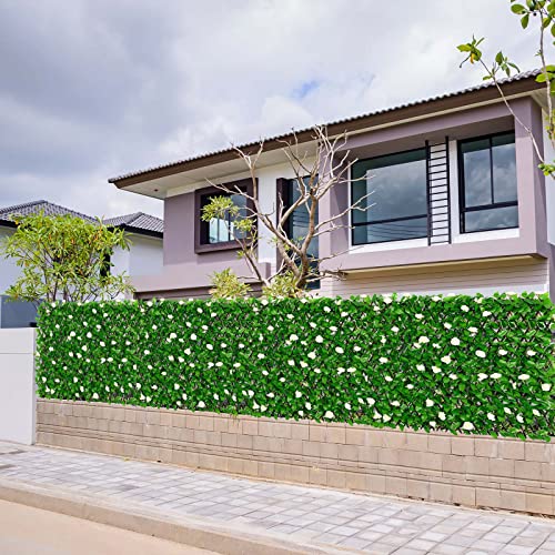 DOEWORKS Expandable Faux Ivy Trellis Fence, Patio Privacy Screen, 4 Pack - color: White Rose Greenery, size: 16 x 45 in, 4 Panel