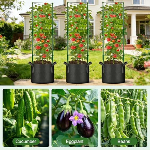 3 Pack Tomato Cage with 10 Gallon Grow Bags, 48" Height Adjustable Tomato Trellis with 65Ft Twist Tie, Heavy Duty Tomato Cages for Garden Flowers Vegetables Climbing Plants