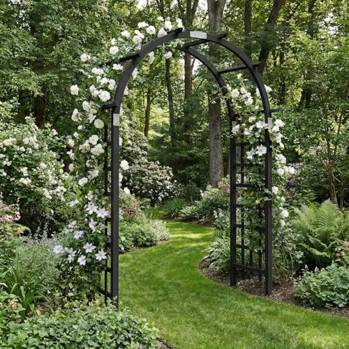 VINGLI 7FT Wooden Garden Arch with Trellis, Freestanding Curved Top Arbor with Sturdy Metal Connections, Rustic Wedding Backdrop Stand for Climbing Plants, Outdoor Patio, Lawn, Garden Decor (Black) - color: Black