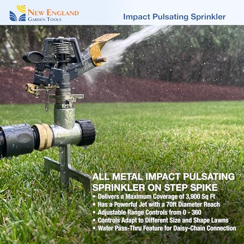 Impact Pulsating Sprinkler 300009 on Metal Step Spike, 70 ft Diameter Reach, 360° Range Control to Cover up to 3,900 Sq Ft for Farm, Lawn and Garden Irrigation, by New England Garden Tools