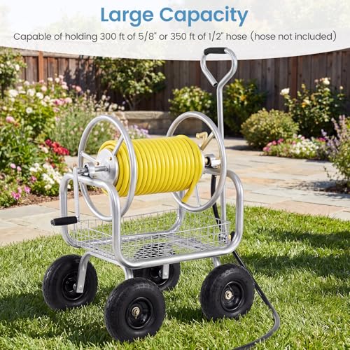 Goplus Garden Hose Reel Cart, 300ft 5/8" or 350ft 1/2", Heavy-Duty Metal Hose Cart w/4 Wheels, Storage Basket, Portable Water Hose Organizer for Yard Planting Lawn - color: Light Silver, size: 300 FT 5/8" Hose