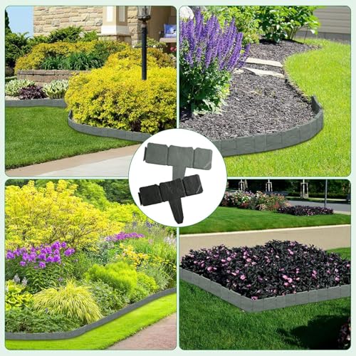 20Pcs Plastic Fence Panels, Black Stone-Look Garden Fencing - color: Black