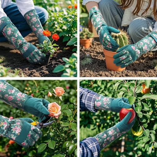 Gardening Gloves for Women, Long Garden Gloves with Grip, Thorn-Proof, Gift - color: Dark Green - Pink Flower