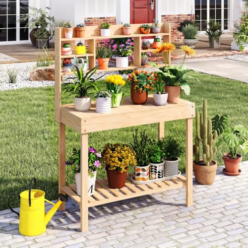 HAPPYGRILL Potting Bench Table, 60” Wood Garden Work Bench with Storage - color: Natural, size: 40" x 18" x 60"