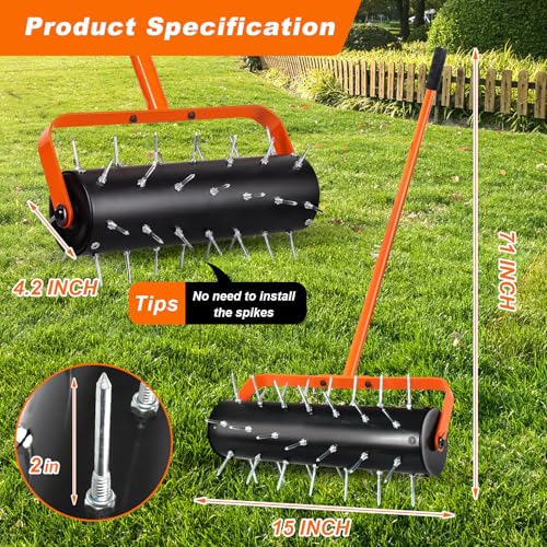 Rolling Lawn Aerator, Heavy Duty Hand Manual Spike Roller with 42 Spikes, Aerator Tool with 71" Adjustable Handle, Pre-Attached Spike Soil Push Lawn Aeration for Garden Yard Patio