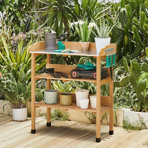 Yaheetech Potting Bench Outdoor Console Table w/3-Tier Storage,Natural Wood - color: Natural Wood