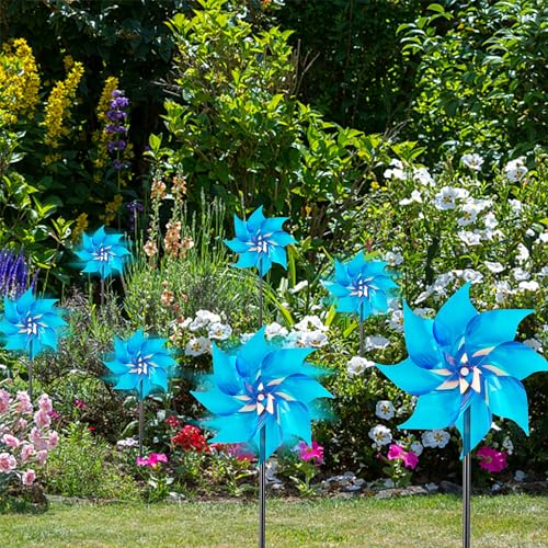 Hausse 10 Pack Reflective Pinwheels Wind Spinner, Extra Sparkly Pinwheel with Stakes, Bird Repellent Blinder Devices Deterrent to Scare Birds Away from Yard Patio Farm Garden, Transparent Blue - color: Transparent Blue