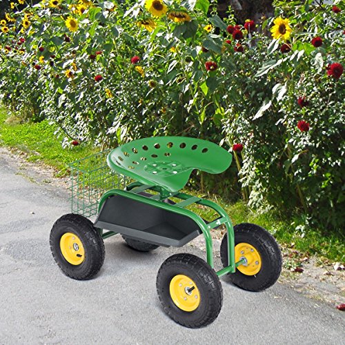 GIANTEX Rolling Garden Work Seat, 360 Swivel Gardening Workseat with Wheels, Tool Basket, Adjustable Height, Outdoor Scooter for Sitting, Gardening Stool Chair for Planting Trimming, Green - color: Green